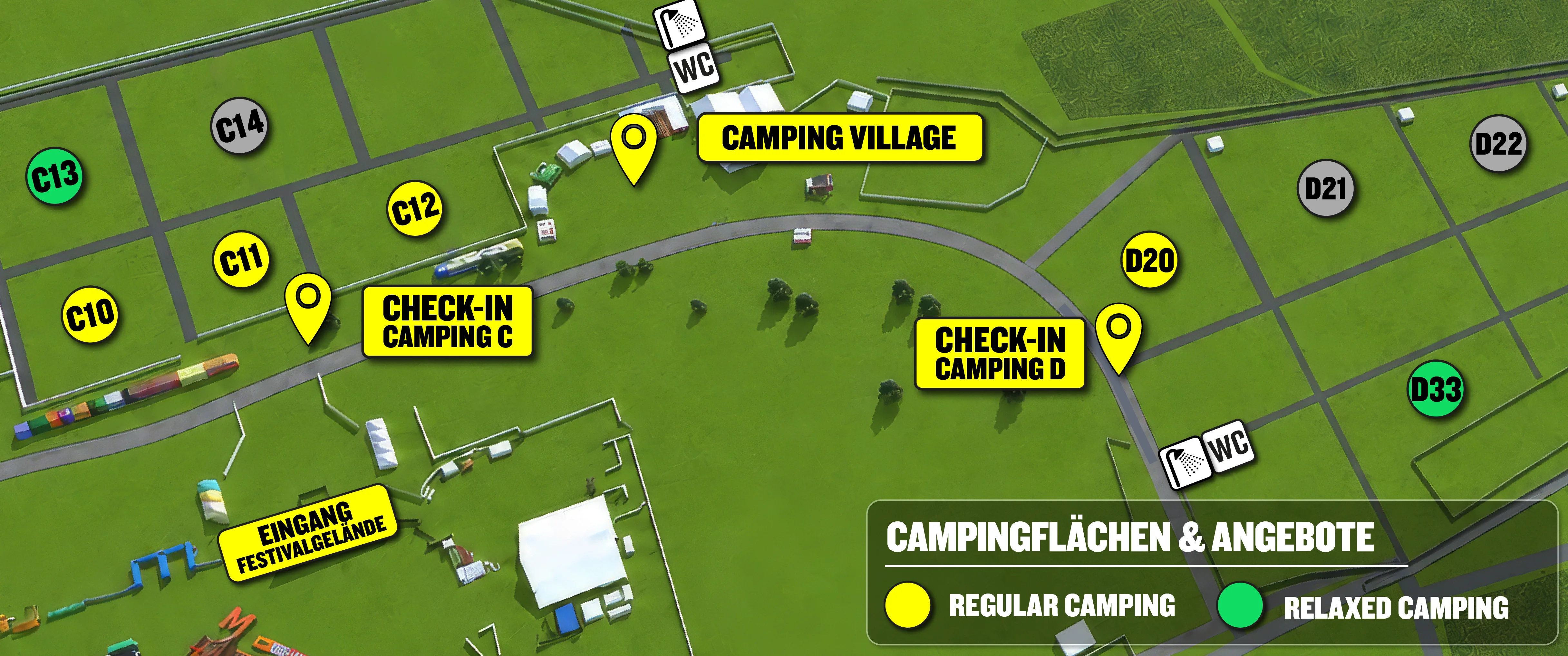 Campingplan 2027 mit den Flächen Camping C und D, Camping Village, Check-in-Punkten, Sanitäranlagen und dem Eingang zum Festivalgelände